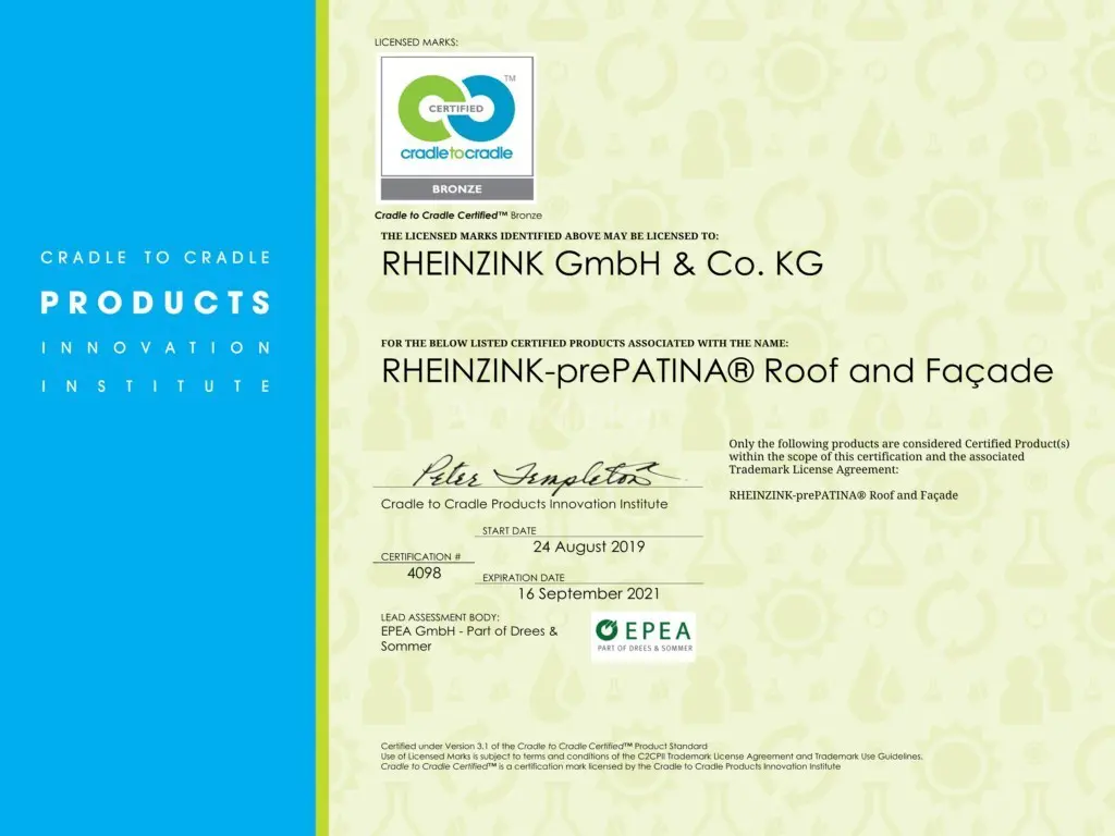 RHEINZINK сертификат C2C фасад и кровля 2019-2021 en