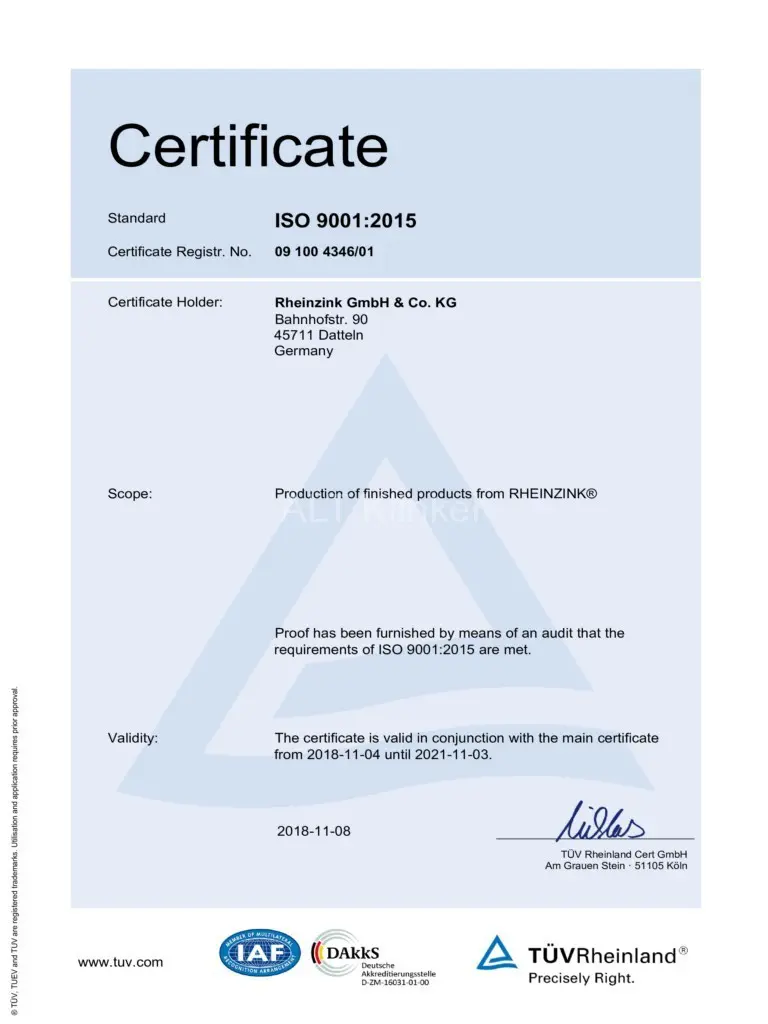 RHEINZINK сертификат ISO 9001 2018-2021 en